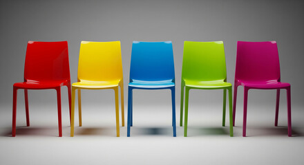 Obraz premium Five vibrant, colorful chairs arranged in a row against a neutral gray background.
