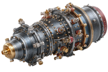 Detailed view of a complex jet engine showcasing intricate mechanical components on transparent background