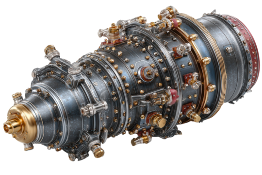 Detailed view of a complex jet engine showcasing intricate mechanical components on transparent background