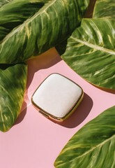 A small, square, white cosmetic case with gold accents rests on a soft pink surface. Lush, vibrant green leaves of a tropical plant, possibly a monstera, frame the case from the left and top, 