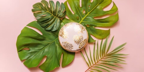 A pink compact mirror with a delicate gold palm leaf pattern sits centrally on a soft pink surface. Lush, artificial monstera leaves ? including large, glossy fronds 
