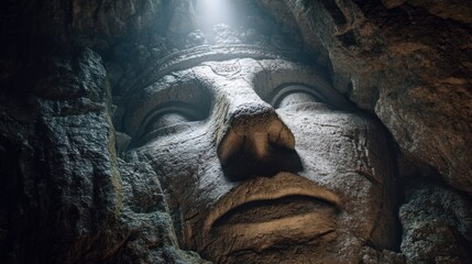 A dramatic, close-up shot captures the serene face of a massive stone Buddha statue carved into a cave wall. A powerful beam of light illuminates the statue?s face, highlighting the intricate...
