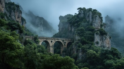 A dramatic, wide-angle photograph captures a weathered stone bridge spanning a deep gorge amidst a misty, mountainous landscape. Lush, vibrant green vegetation clings to the steep cliffs that flank