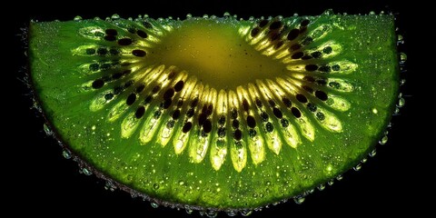 A dramatic, close-up photograph showcases a vibrant half-slice of kiwi fruit against a stark black background. The kiwi?s interior is meticulously revealed,