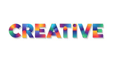 Creative word typography with colorful gradient geometric shapes and 3D shadow effect.