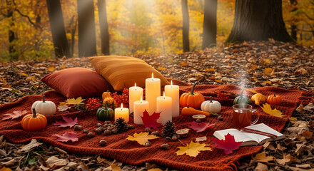Autumn picnic with candles pumpkins and tea in a forest setting with fall foliage on the ground ai generated