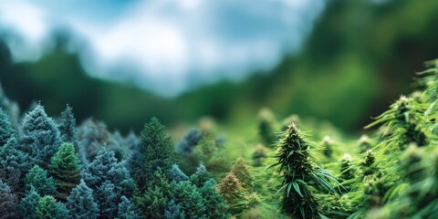 A close-up photograph showcases a vibrant collection of cannabis plants, transitioning from a dense, bluish-green bud cluster in the foreground to taller, more elongated, 