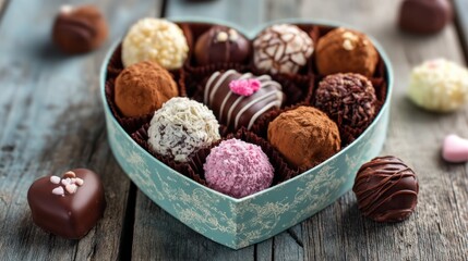 A heart-shaped box filled with assorted truffles sits on a weathered wooden surface. The box is light blue with a delicate floral pattern. Inside, twelve truffles of varying colors ? 