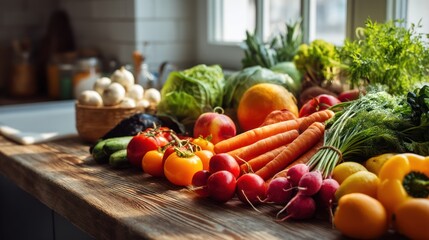 A vibrant assortment of fresh vegetables and fruits spills across a rustic wooden countertop in a bright kitchen. A large bowl sits in the center, overflowing with colorful produce including carrots,