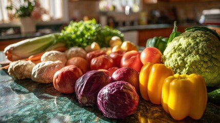 A vibrant assortment of fresh vegetables is arranged on a dark green marble countertop, illuminated by sunlight streaming through a window. The foreground is dominated by a colorful collection of...