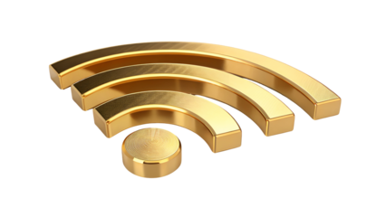 Golden metallic wifi symbol with three dimensional reflections isolated on a transparent background