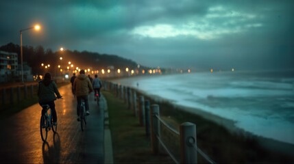 Friends Cycling Along Moonlit Seaside, Vibrant Nightscape Perfect for HighEnergy Campaigns, Evokes Adventure and Excitement.