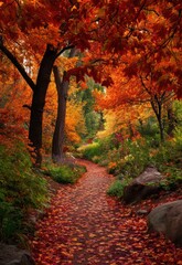 A stunning, wide-angle photograph captures a winding path through a vibrant autumn forest. Towering trees, densely packed with fiery red, orange, and golden leaves, frame the pathway. 