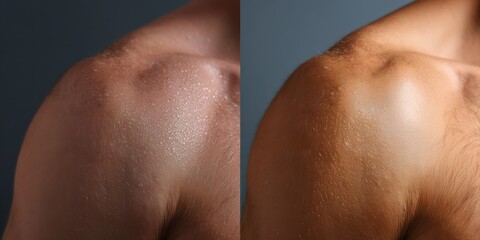 The image presents a split-screen comparison of a man's shoulder. On the left, the skin appears pale and slightly damp, with visible pores and subtle sheen