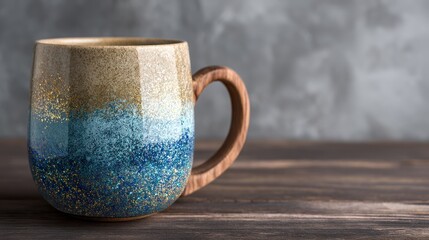 A rustic wooden mug rests on a dark brown wooden table. The mug features a unique, textured glaze with a gradient effect, transitioning from a golden-beige at the top to a vibrant blue with...