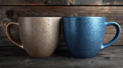 Two ceramic mugs rest side-by-side on a dark wooden surface. One mug features a warm, earthy brown glaze with a speckled texture, while the other boasts a deep, 
