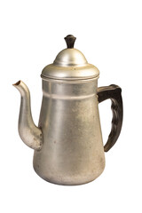 Vintage classic metal coffee pot with curved spout and black plastic handle isolated on white background