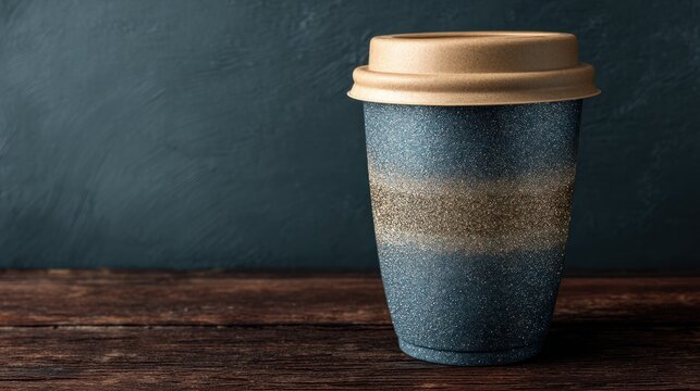 A ceramic coffee cup rests on a weathered wooden surface against a dark teal wall. The cup features a speckled, textured design with a gradient of dark blue and beige. A beige,  - Powered by Adobe