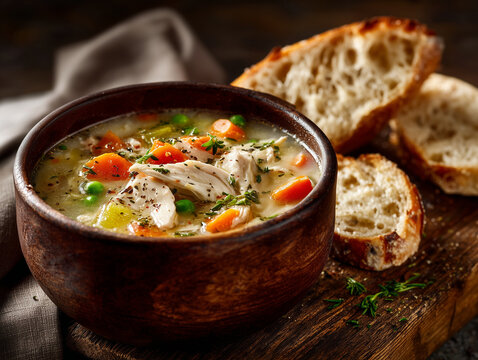 Chunky chicken and vegetable soup with artisan bread on the side. - Powered by Adobe