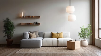 Earth tone minimalist lounge with built-in storage solutions