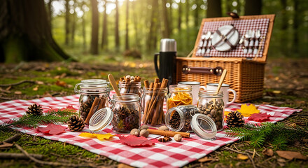Picnic in the woods with jars of spices and a wicker basket on a checkered blanket outdoors ai generated