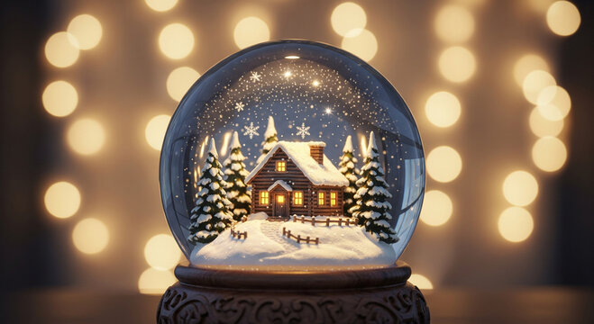 A snow globe containing a miniature winter scene with a house, trees, and snow, illuminated by warm light against a bokeh background.