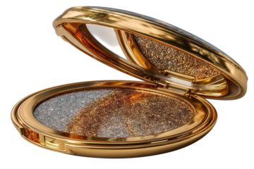 Luxurious golden makeup compact with shimmering powder on transparent background