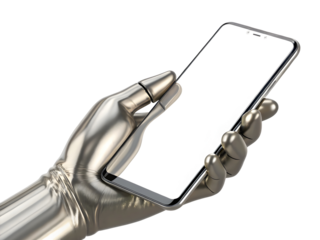 Metallic robot hand holding blank screen smartphone isolated on a transparent background silver