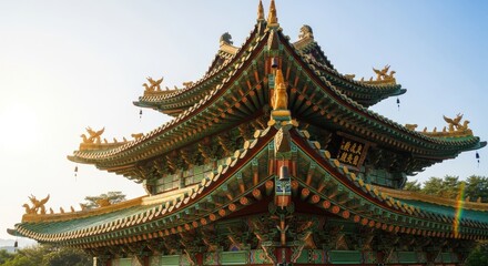 Elaborate layered eaves of a Buddhist temple roof with dragon adornments