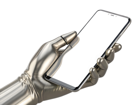 Metallic robot hand holding blank screen smartphone isolated on a transparent background silver
