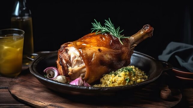 Roasted pork knuckle eisbein with sauerkraut, mustard and rosemary. traditional German food. banner, catering menu recipe place for text 