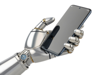 Metallic robot hand holding smartphone isolated on a transparent background silver gold