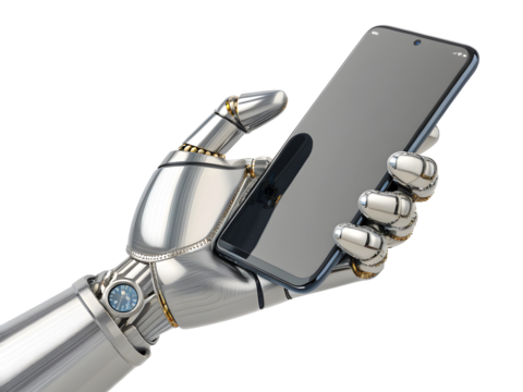 Metallic robot hand holding smartphone isolated on a transparent background silver gold