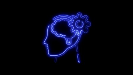 Blue Neon Outline of Human Head with Brain and Gear on Black Background profile silhouette