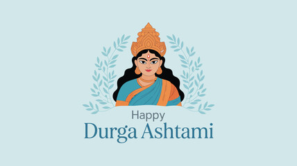 Goddess Durga illustration in blue and orange sari with laurel branches and festive greeting text, symbolic artwork for Durga Ashtami