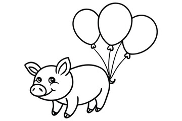 Cute Cartoon Piglet Clipart with Three Balloons, Black Outline Drawing, Children Illustration