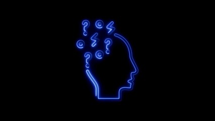 Blue Neon Silhouette of a Human Head with Question Marks and Lightning Bolts human head silhouette thought process