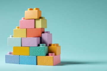 Obraz premium Colorful building blocks are arranged creatively against a soft turquoise background, ideal for themes related to creativity, education, or childhood development in promotional.