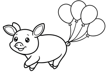 Outline Drawing of a Cute Piglet Carried Away by a Bunch of Balloons