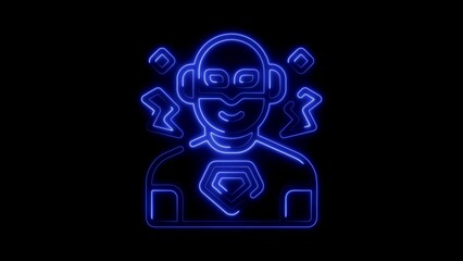 Blue Neon Superhero Icon with Lightning Bolts and Gemstone on Black Background glowing