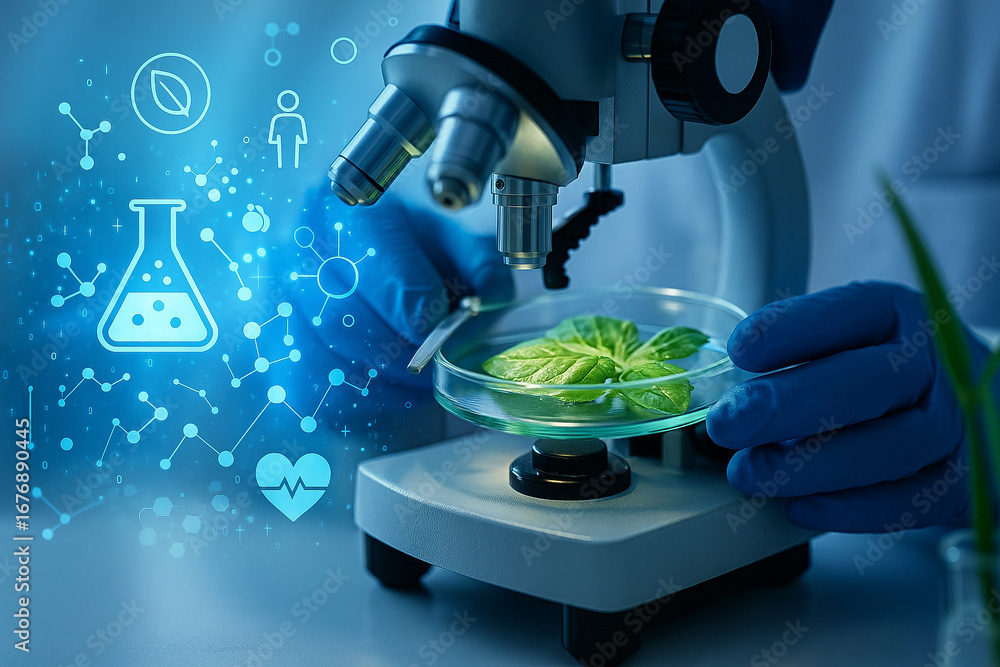 Aufkleber ai generated image of scientist analyzing green leaf under microscope with digital graphics of biolo