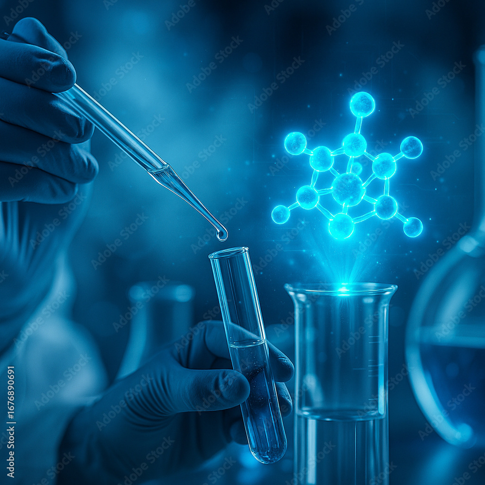 Poster ai generated conceptual image of scientist hand using pipette with test tube surrounded by laborator