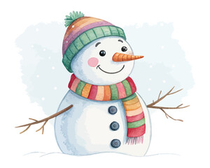 Watercolor Snowman with Winter Scarf and Hat