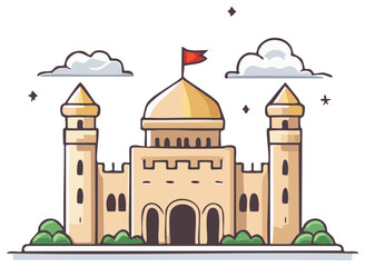 Cartoon illustration of a medieval fairytale castle with towers, a golden dome, and a red flag