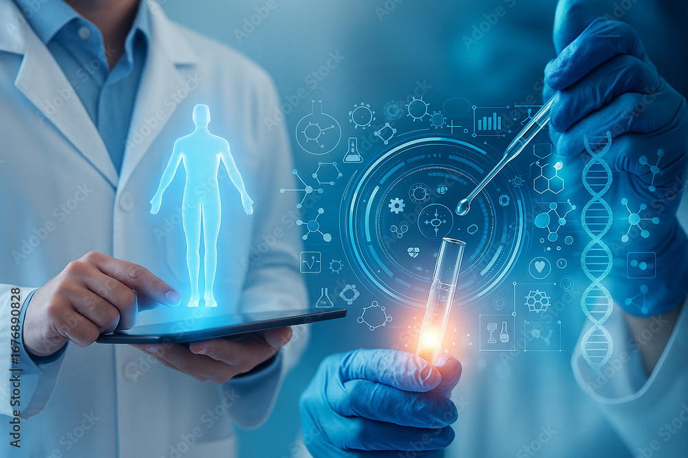 Poster ai generated conceptual image of doctor using tablet with human body hologram and scientist hand wit
