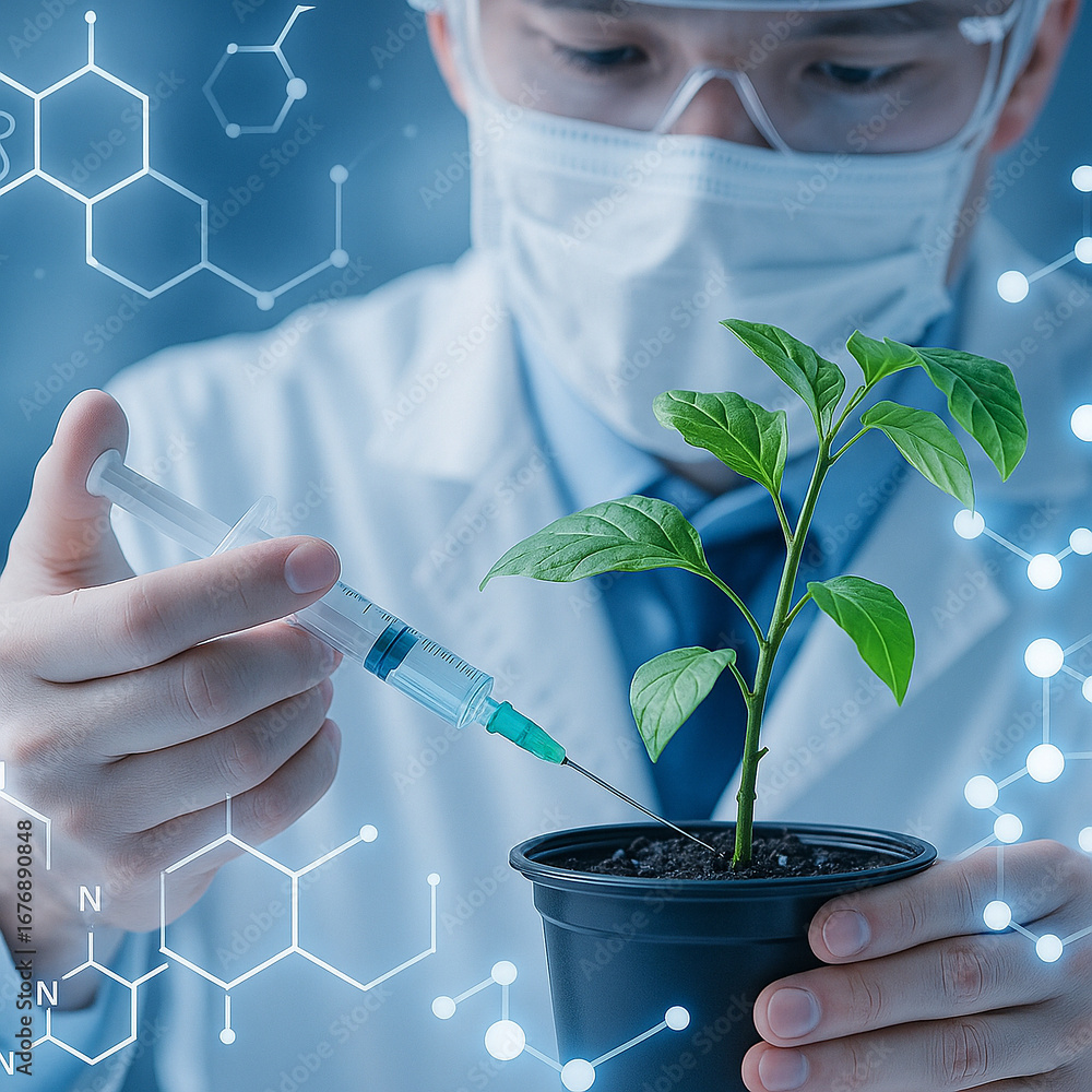 Poster ai generated image of scientist injecting syringe into green plant in pot with molecular graphics sy