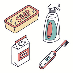 Hand Drawn Hygiene and Cleaning Products Illustration – Soap, Toothbrush, Toothpaste, Detergent and Spray Bottle Vector Set