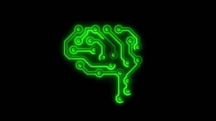 Green Neon Circuit Board Brain Outline on Black Background human brain technology