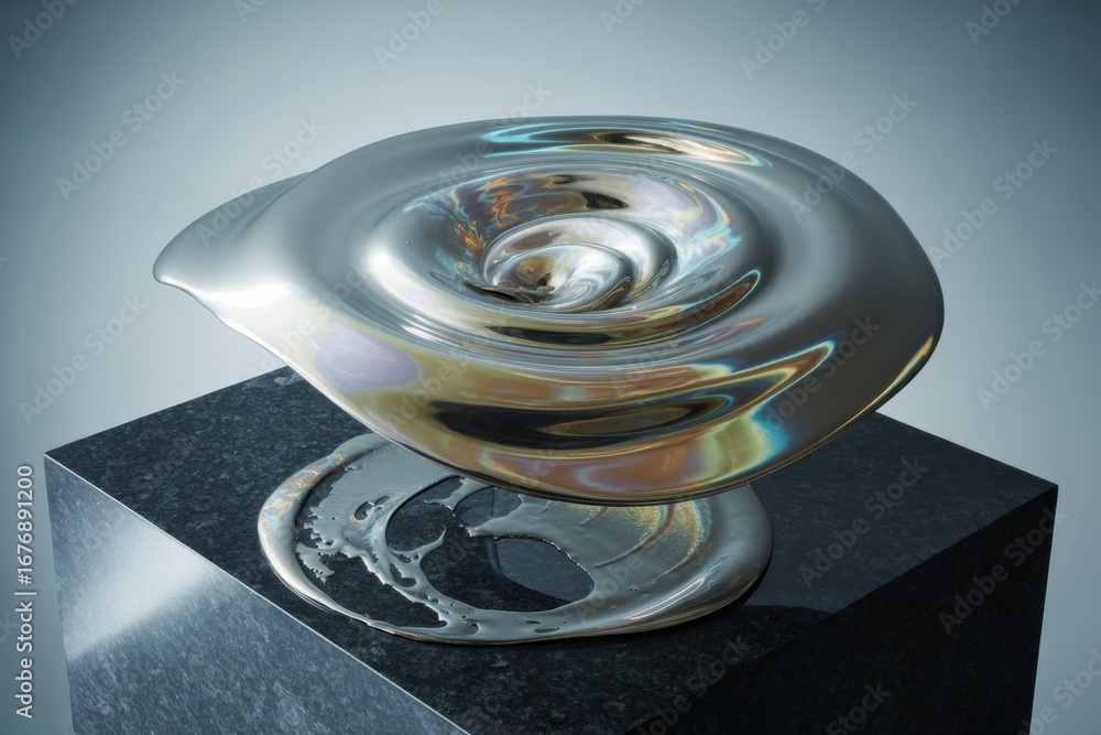 Poster abstract metallic sculpture with fluid vortex shape on dark marble base, illuminated with soft light