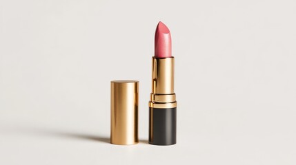 A single lipstick with a pink shade is displayed against a plain white background. The lipstick has a metallic gold casing and a black base. It's positioned upright, with the cap.